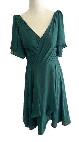 Azazie Ayana Dark Green Short Sleeve Chiffon Bridesmaid Dress Sz 6 New NWT