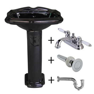 Black Pedestal Sink Vitreous China 19'' with Chrome 4'' Faucet, Drain and P-Trap