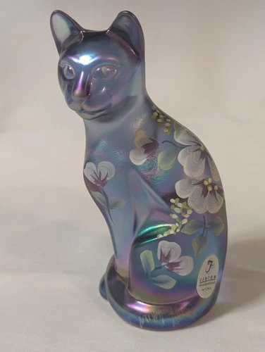 Fenton Vintage Purple Carnival Glass Sitting Cat with Flowers Hand Painted