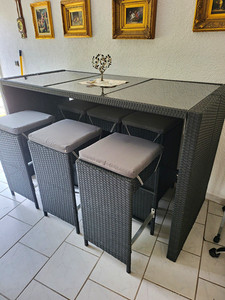 7-tlg. Tisch-Set Rattanoptik grau mit Glasplatte, rechteckig, 6 Hocker
