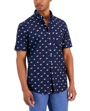 Club Room Men's Brother Reg-Fit Leaf-Print Cotton Button-Down Shirt Navy-Small