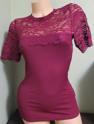 Express Maroon Long Sleeve Lace Top, Womens Transparent Top XS