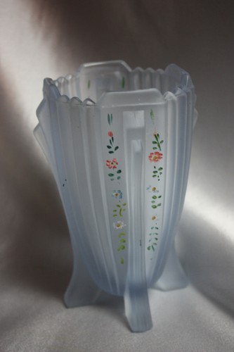Art Deco 5 3/4" Blue Frosted Art Glass Vase Hand Painted Flowers - Picture 15 of 18