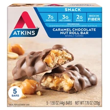 Atkins Caramel Chocolate Nut Roll Snack Bars, Low Sugar and High Fiber Snacks, 5
