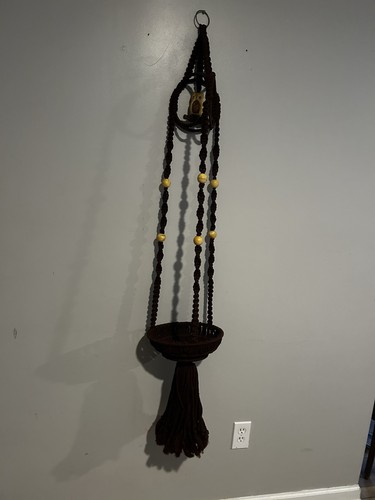 70’s Macrame Hanging Plant Holder Ceramic Owl Boho Beads Hippie 58” Long Brown