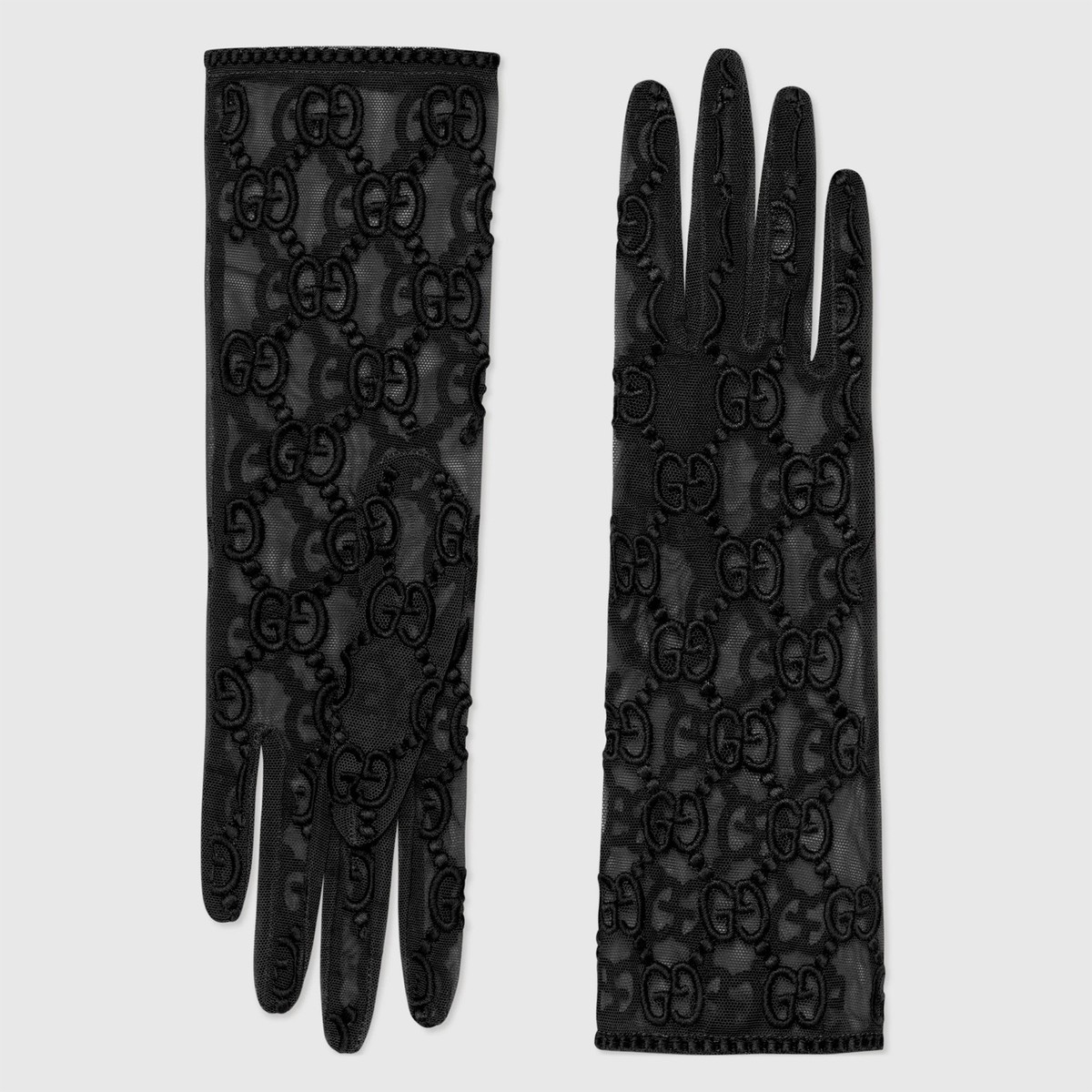 GUCCI GLOVES 787379 BLACK TULLE w GG LOGO MOTIF EMBROIDERY