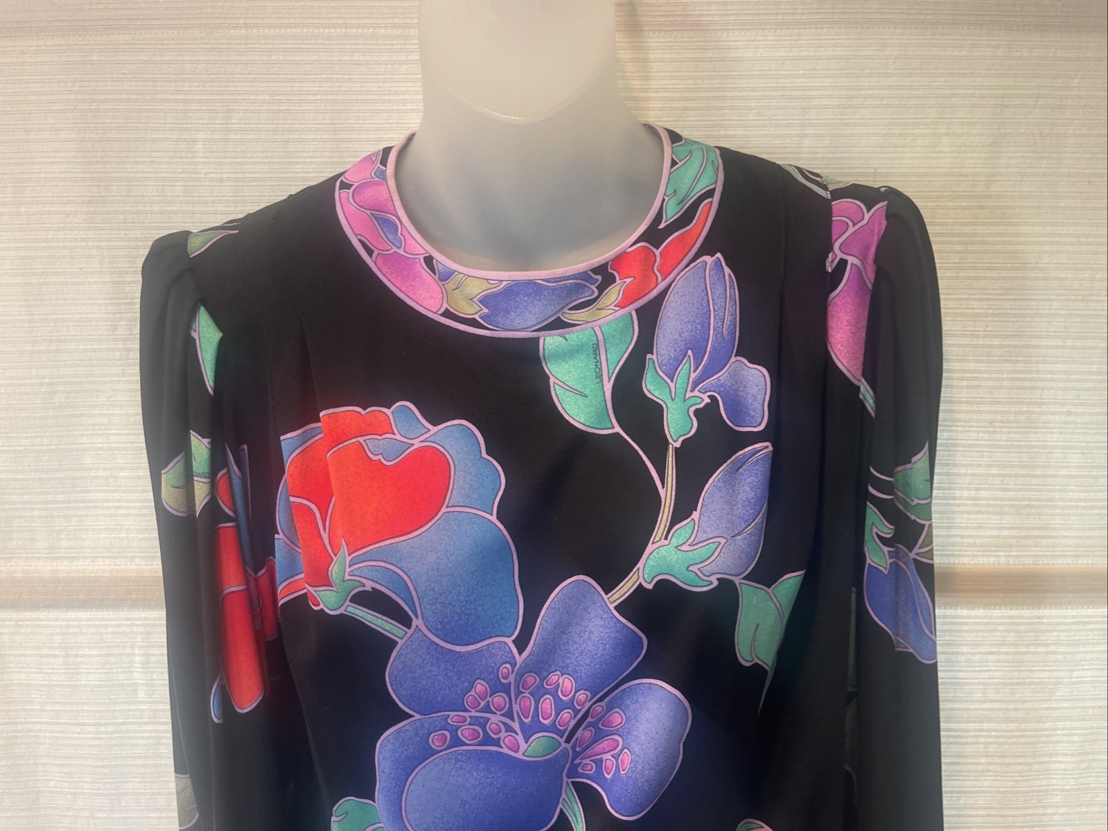 LEONARD Paris Black/Lavender Floral Silk Mikado Knit Cuffs Blouson Top~XS~EUC