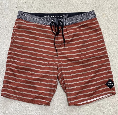 RVCA Shorts Mens 34 Red White Striped Classic Non-Stretch Boardshort Swim Trunks