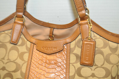 COACH F31444 Signature Snakeskin Stripe Saddle Tote Khaki Shoulder