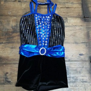 Glamour Black Royal Blue Sequin Jazz Dance Costume Xlc Velour Shorts One Piece Ebay