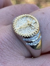 Mens Solid 925 Sterling Silver 14k Gold Plated Coin Ring Jesus On Cross Nugget