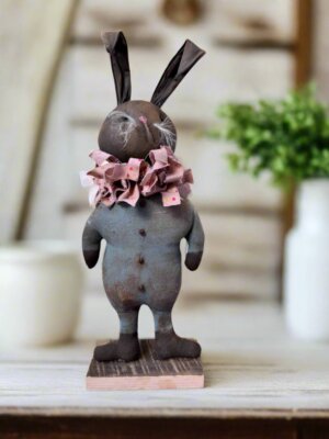 Handcrafted by Michelle Spring Easter Ruffles Collar Blue Bunny on Stand
