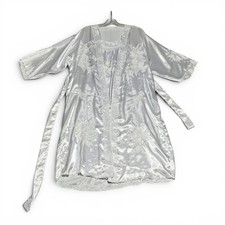 Vintage Silver Satin Lace Trim Robe and Nightgown Set