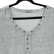 Made in Italy Grey Linen Cotton Blend V-Neck Rhinestone Grommet Top SZ L Luxury