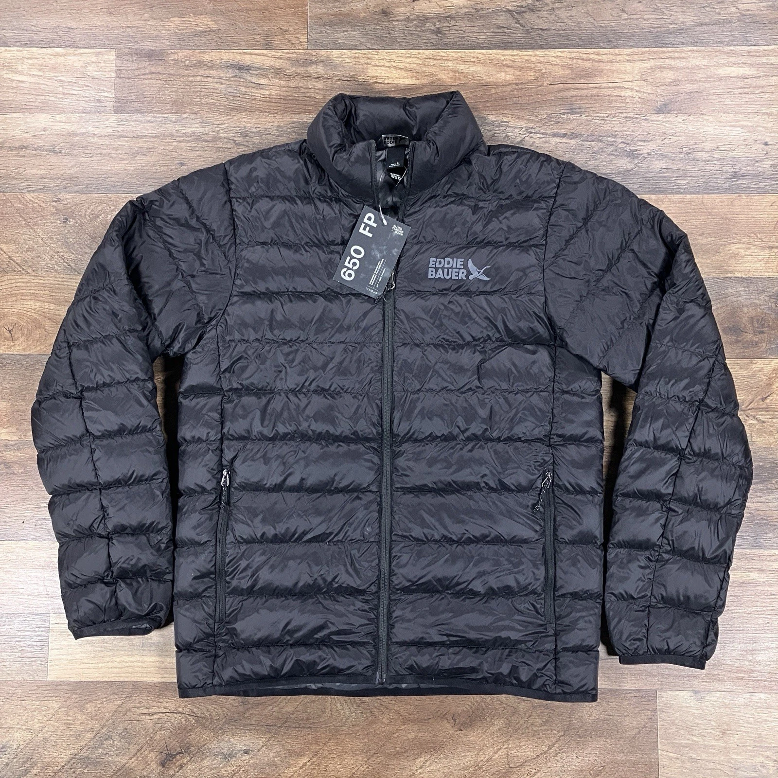 Eddie Bauer Mens Jacket Small Black 650 Down Puffer Jacket Full Zip Lightweight