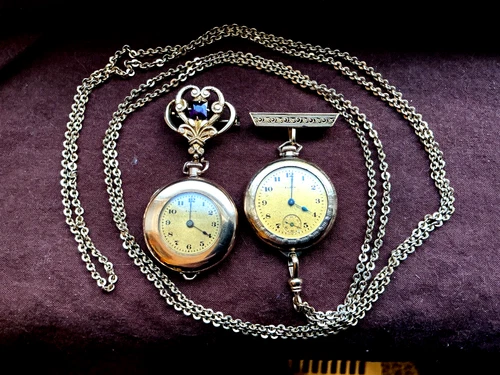 2 ANTIQUE ELGIN 3/0S GOLD FILLED WATCHES WITH GF BROOCHES AND GF CHAIN NICE!!!!