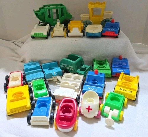 Lot 22 Vtg Fisher Price Little People Vehicles Cars Trucks Not Mint or Cleaned