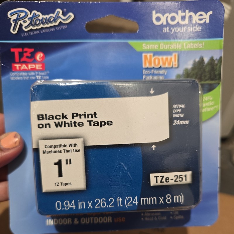 Brother TZe-251 Label Tape 1" Black Print on White Thermal Tape