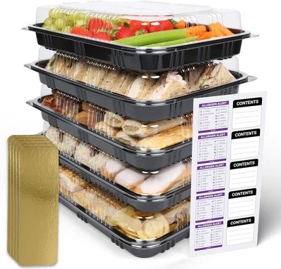 KITCHENELLA Pack of 5 Sandwich Platter Trays with Lids - Reusable Plastic Buffet Tray