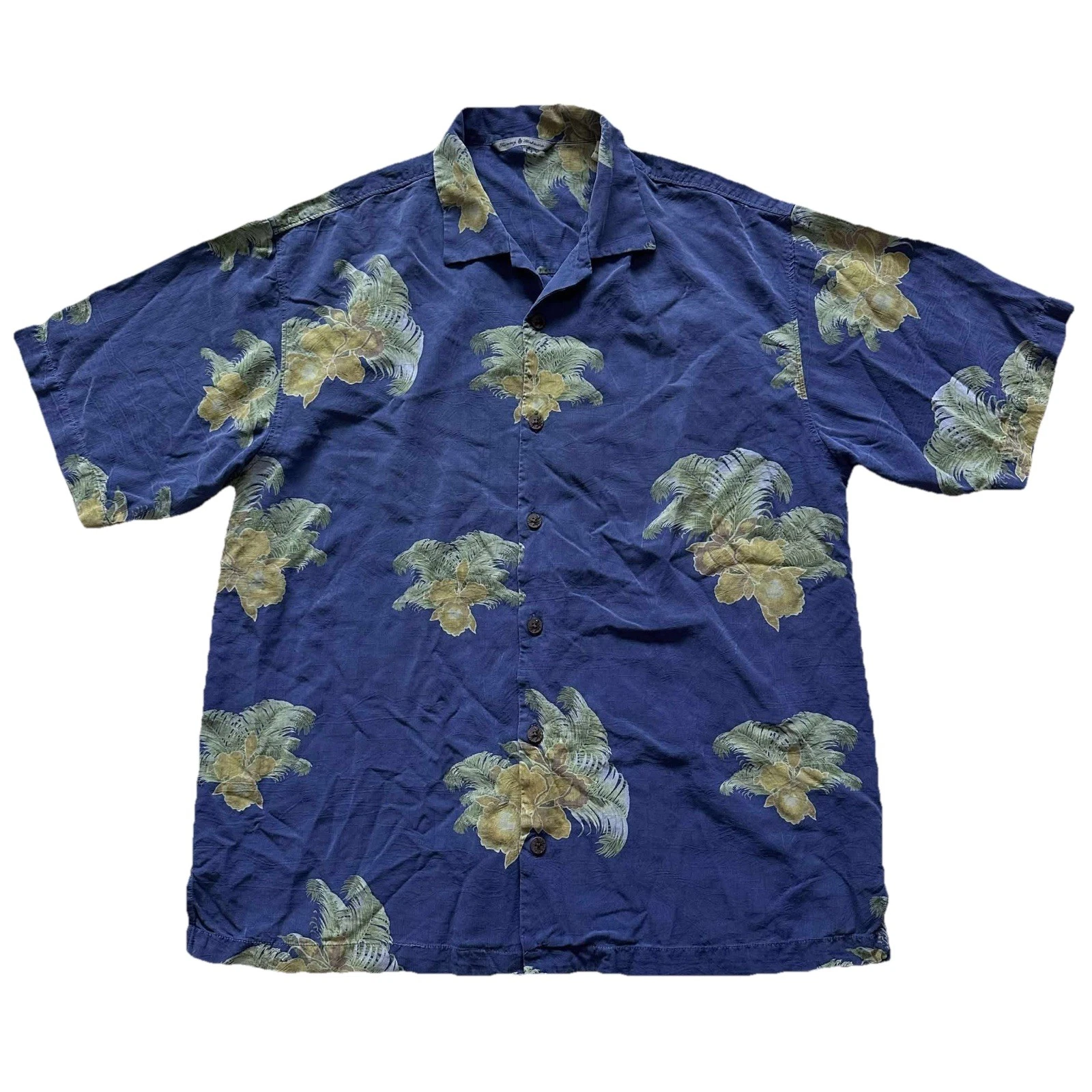 Tommy Bahama Blue Aloha Hawaiian Floral Print Button Shirt Large Size M