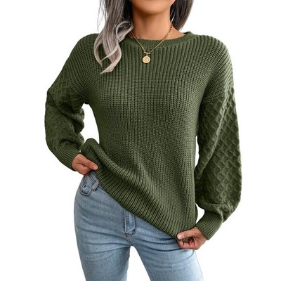 Ladies cable knit jumper, , long lantern sleeves, round neck 1128