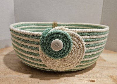 Handmade Rope Bowl One of a Kind Easter Basket Fabric Wrap Embellished Patterns