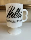 Halle Bros. Dept. Store Geranium Room Milk Glass Advertising Mug Cleve OHIO vtg