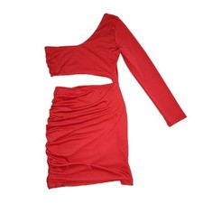 One Shoulder Long Sleeve Red Bodycon Club Mini Dress Cut Out Asymmetric Ruched S