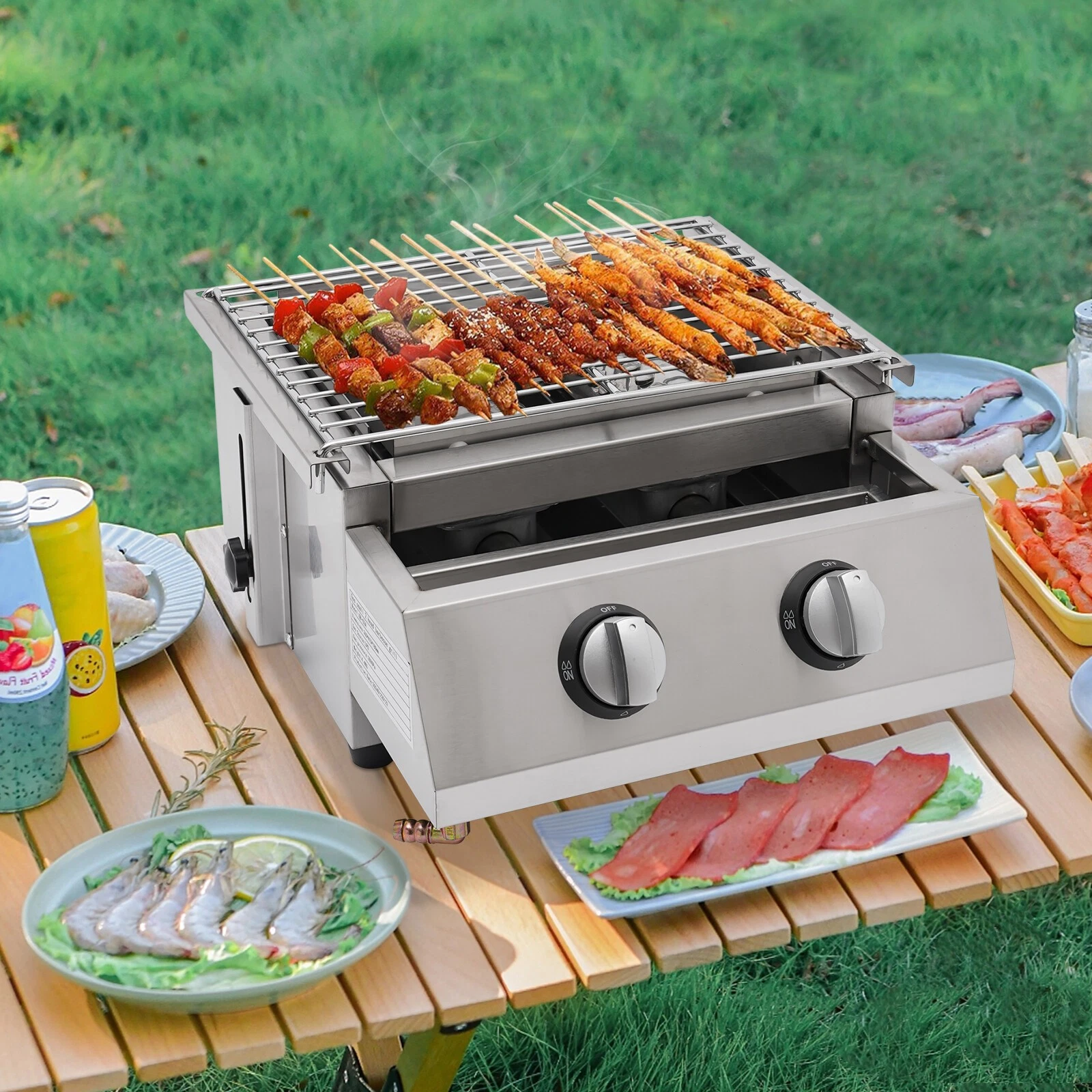 Portable 2 Burner Gas BBQ Grill Tabletop Camping Smokeless Grill Stainless Steel
