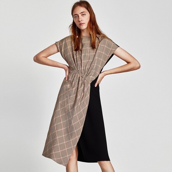 Zara Plaid Patchwork Asymmetrical Midi Dress eBay