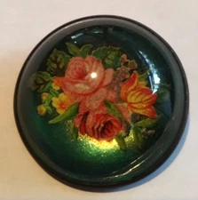 Antique Domed Glass Horse Bridle Rosette Green Background Pink Flower Bouquet