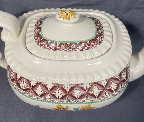10 1/2" Rare Antique Spode Porcelain Teapot Geranium Brown Green Yellow - Picture 2 of 9