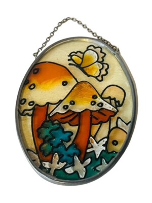 Stained Glass Mushroom 5X3 Suncatcher vtg oval Cottage Home mobile butterfly BC4