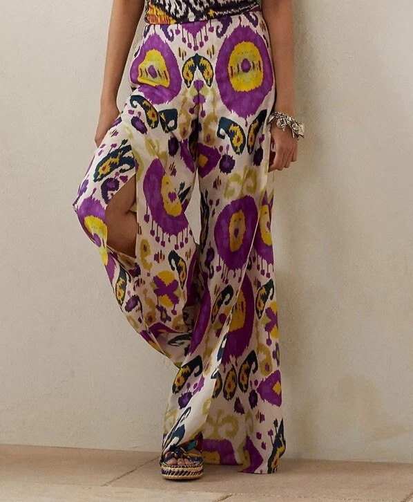 Nuevo sin etiquetas $1990 Ralph Lauren Collection LEORA Multicolor IKAT-PRINT Pantalón de Seda Talla 4