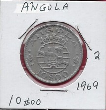 ANGOLA PORTUGIESISCHE KOLONIE 10 $00 ESCUDOS 1969 VZ FÜNF KRONEN ÜBER ARMEN, WERT BELO