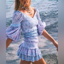 LoveShackFancy Ensley Cottagecore Floral Mini Dress in Blueberry Dust Sz L