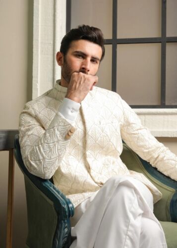 Pakistani Designer MURAQSH Mens 3PC Shalwar Kameez Suit Size MEDIUM - Picture 1 of 8