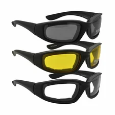 3 PAIRS Padded Foam Safety Wind Resistant Sunglasses Motorcycle Riding Glasses