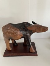 Vintage Hand Carved Dark Wood Water Buffalo Ox Sculpture