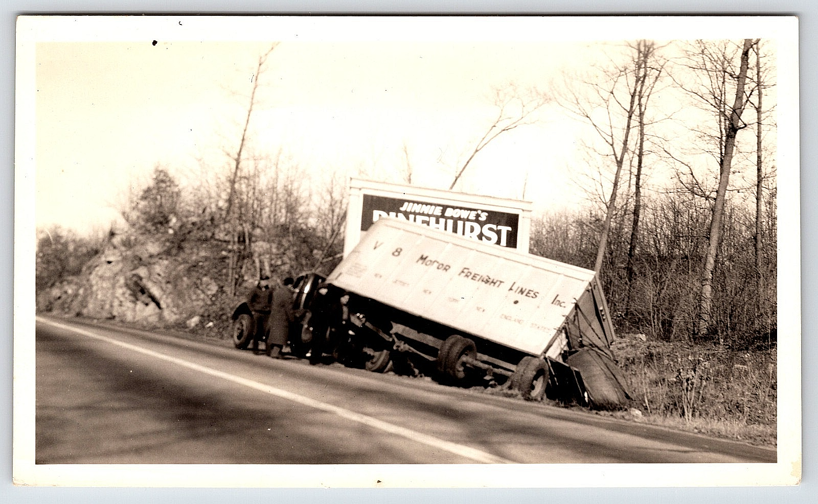 Vintage Antique Photo of Semi Freight Truck Wreck Accident Road Sign