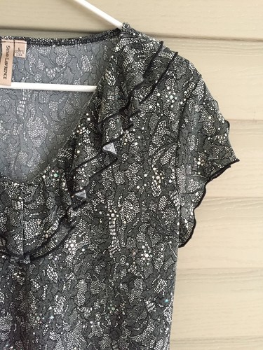 Susan Lawrence size L black lace print top with rainbow sparkles and ruffles - Picture 2 of 12
