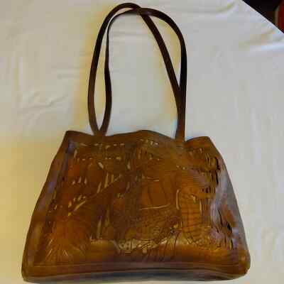 Tooled Leather Sea Life Theme Purse Tote Shoulder Bag
