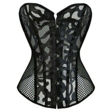 Women Lady Corset Mesh Lace Up Overbust Bridal Basque Black White Plus Size