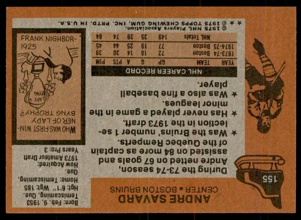 1975-76 Topps Hockey Card Andre Savard Center Boston Bruins #155 - Image 2 of 2