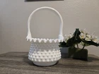 Fenton Milk Glass Hobnail Ruffled Rim Basket, Faux Flowers Included