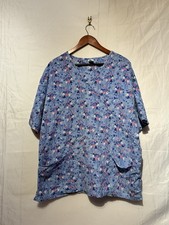 Womens Blue Pink Heart Floral Print Scrub Top V Neck Short Sleeve Approx XL