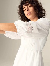 White Una Womens Cotton Midi Midaxi Embroidered Dress in Soft White