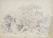 Verfallene Holzhütte in vegetationsreicher Landschaft, Bleis Unbekannt (19.Jhd)