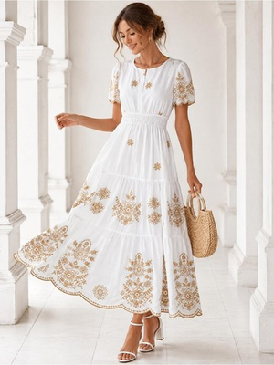 #ad Boho White with Khaki Flowers Maxi Dress Embroidery Pockets Cottagecore Size L $94.99