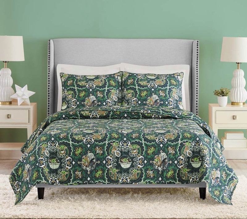 RARE Vera Bradley Star Wars Grogu Quilted Twin Quilt Set 66x86 Cotton Green